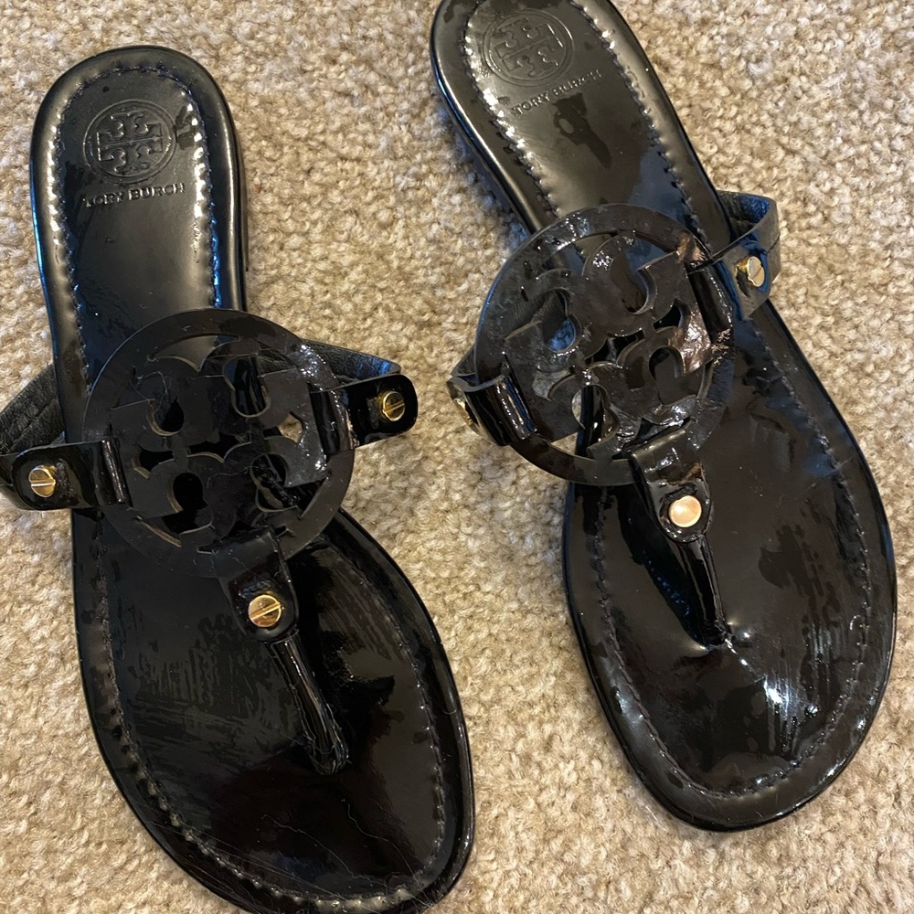 Tory Burch Miller Sandals Black Patent Leather 8.5